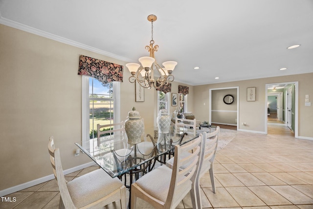 1973 Elon Ossipee Rd, Elon, NC 27244 - dining area with a chandelier, light tile patterned floors, recessed lighting, crown molding, and baseboards