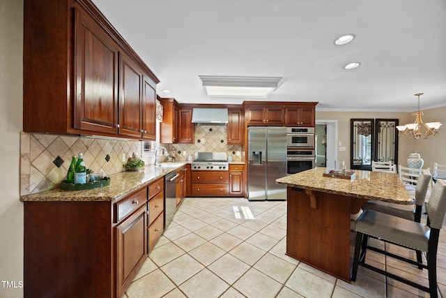 1973 Elon Ossipee Rd, Elon, NC 27244 - kitchen featuring stainless steel appliances, backsplash, a chandelier, crown molding, and a breakfast bar