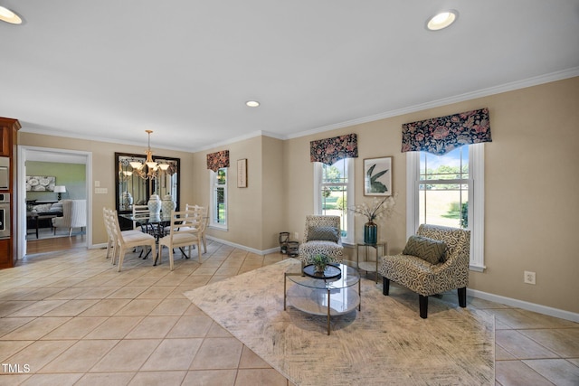 1973 Elon Ossipee Rd, Elon, NC 27244 - living room with light tile patterned floors, a chandelier, ornamental molding, baseboards, and recessed lighting