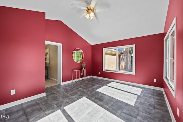 1973 Elon Ossipee Rd, Elon, NC 27244 - spare room with ceiling fan, vaulted ceiling, and baseboards