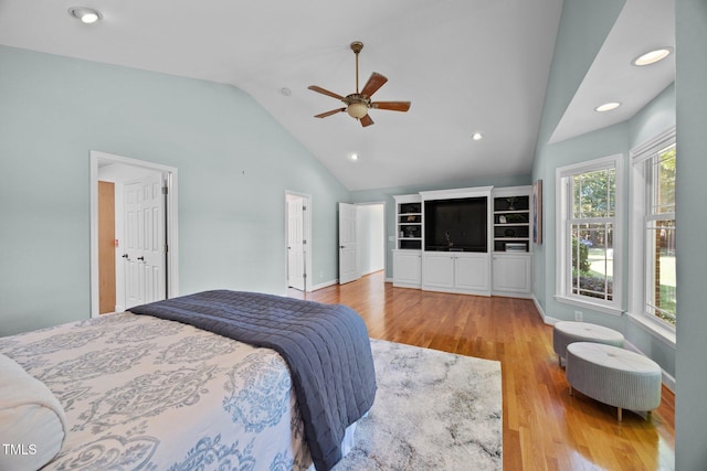 1973 Elon Ossipee Rd, Elon, NC 27244 - bedroom featuring vaulted ceiling, wood finished floors, baseboards, recessed lighting, and a ceiling fan