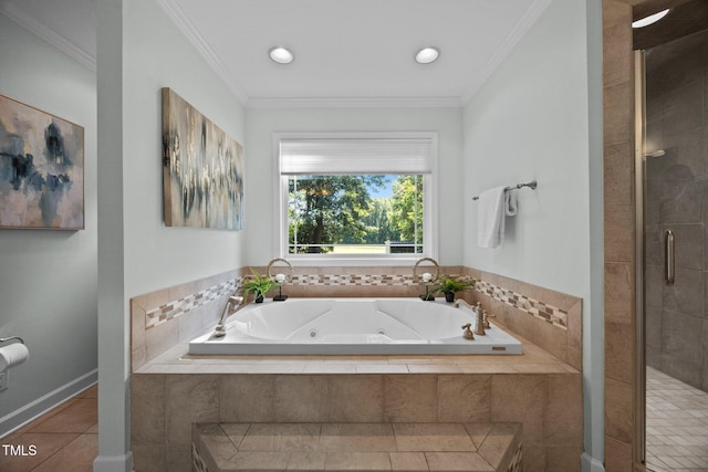 1973 Elon Ossipee Rd, Elon, NC 27244 - full bathroom featuring a tub with jets, a stall shower, tile patterned flooring, ornamental molding, and recessed lighting