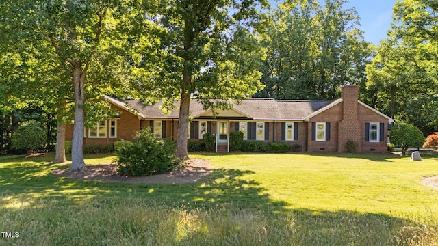 1973 Elon Ossipee Rd, Elon, NC 27244 - ranch-style house with crawl space, a front lawn, a chimney, and brick siding