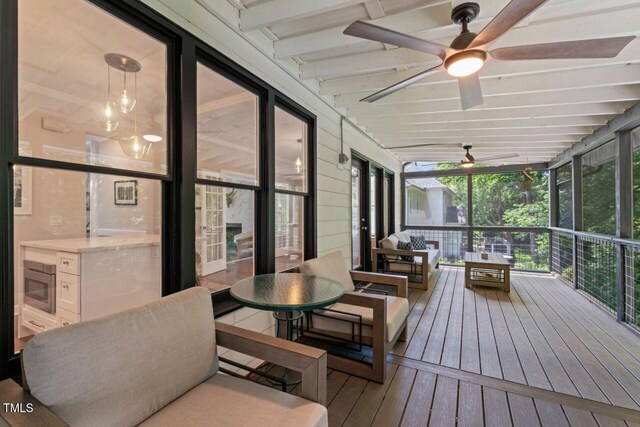 4408 Queenstown Ct, Raleigh, NC 27612 - sunroom featuring ceiling fan and beam ceiling