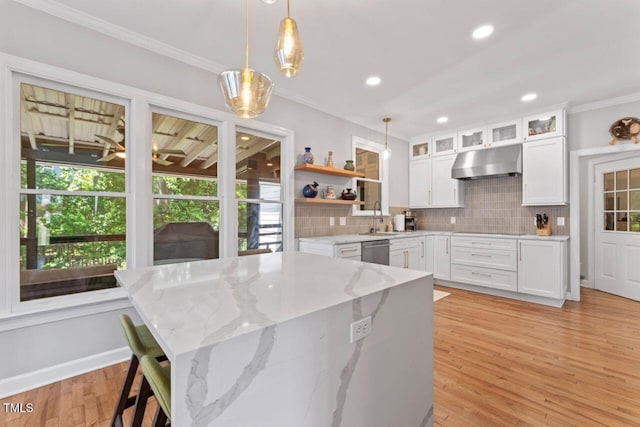 4408 Queenstown Ct, Raleigh, NC 27612 - kitchen featuring under cabinet range hood, stainless steel dishwasher, a sink, open shelves, and tasteful backsplash