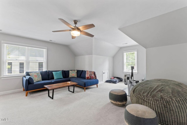 4408 Queenstown Ct, Raleigh, NC 27612 - living area with baseboards, carpet, ceiling fan, and lofted ceiling