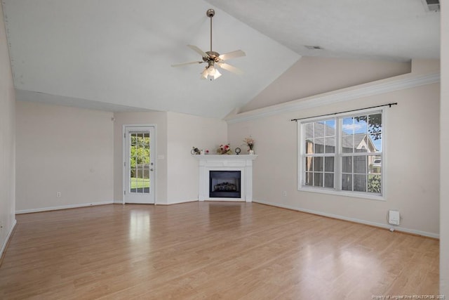 122 Van Buren Dr, Raeford, NC 28376 - unfurnished living room with a ceiling fan, light wood finished floors, high vaulted ceiling, a fireplace, and baseboards