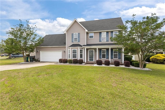 4404 Bunkers Bay Ln, Parkton, NC 28371 - view of front of house with driveway, an attached garage, a front lawn, and a shingled roof