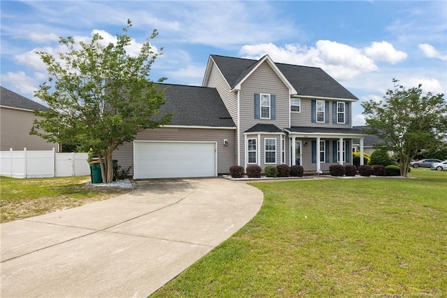 4404 Bunkers Bay Ln, Parkton, NC 28371 - traditional-style home with covered porch, concrete driveway, an attached garage, and roof with shingles