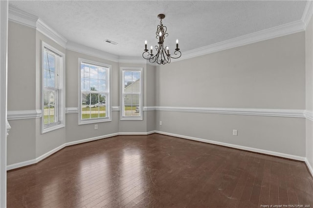 4404 Bunkers Bay Ln, Parkton, NC 28371 - empty room with wood-type flooring, a chandelier, baseboards, ornamental molding, and a textured ceiling