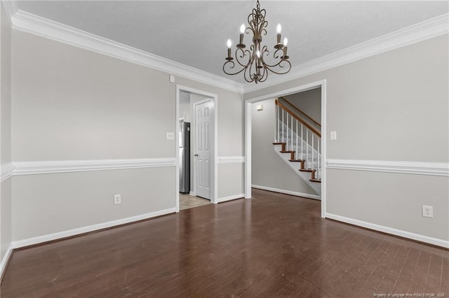 4404 Bunkers Bay Ln, Parkton, NC 28371 - unfurnished room with a chandelier, crown molding, stairs, baseboards, and wood finished floors