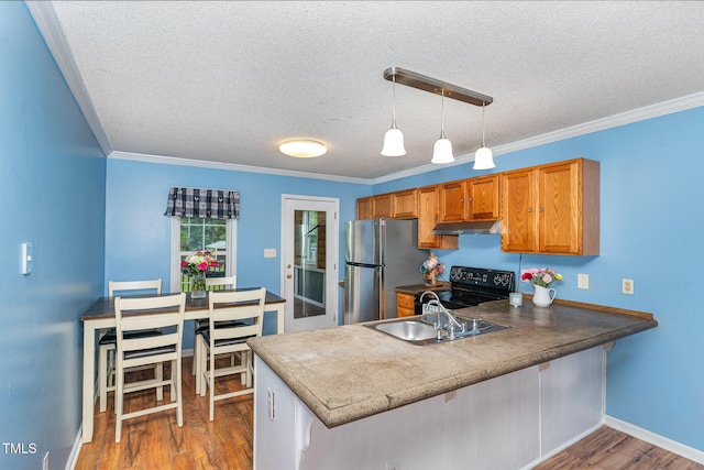 4575 Wendell Blvd, Wendell, NC 27591 - kitchen with freestanding refrigerator, under cabinet range hood, black electric range, a peninsula, and brown cabinets