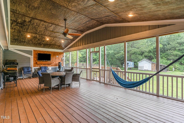 4575 Wendell Blvd, Wendell, NC 27591 - sunroom featuring vaulted ceiling, ceiling fan, outdoor dining space, and healthy amount of natural light