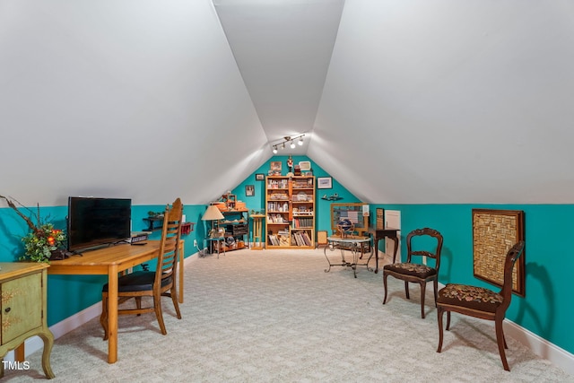 229 Hocutt Farm Dr, Clayton, NC 27527 - office space featuring baseboards, vaulted ceiling, and carpet flooring