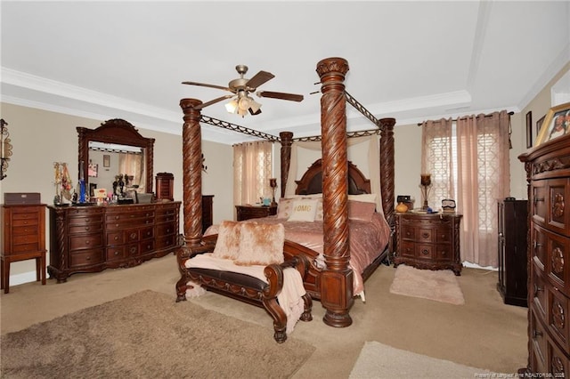 89 Revolutionary Rd, Cameron, NC 28326 - carpeted bedroom with crown molding, ceiling fan, and a tray ceiling