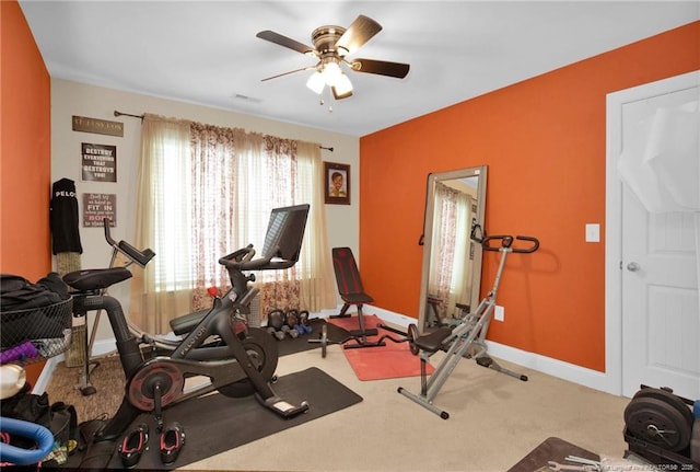 89 Revolutionary Rd, Cameron, NC 28326 - exercise area featuring a ceiling fan, baseboards, and carpet