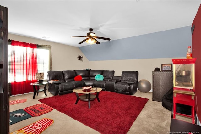89 Revolutionary Rd, Cameron, NC 28326 - living room with carpet flooring, ceiling fan, and lofted ceiling
