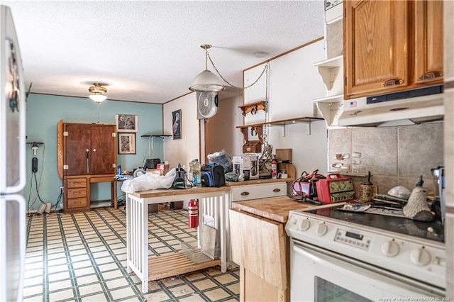 8212 Main St, West End, NC 27376 - kitchen featuring white appliances, under cabinet range hood, open shelves, light flooring, and decorative backsplash