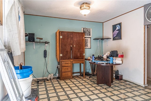 8212 Main St, West End, NC 27376 - office area with tile patterned floors, ornamental molding, and a textured ceiling