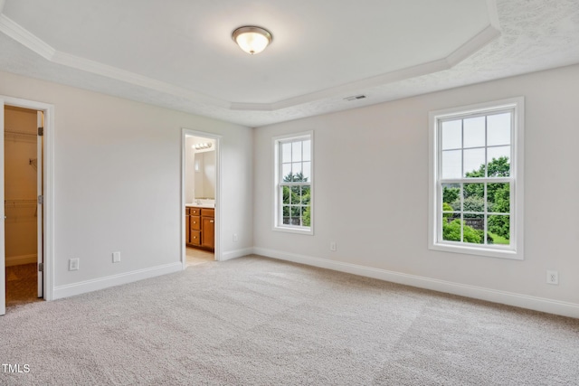 128 Newton Ct, Raeford, NC 28376 - unfurnished bedroom featuring a tray ceiling, a spacious closet, light colored carpet, baseboards, and ensuite bath