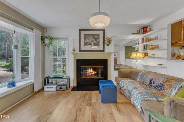 4009 Olde Coach Rd, Durham, NC 27707 - living area with light wood finished floors, a fireplace with flush hearth, and a textured ceiling