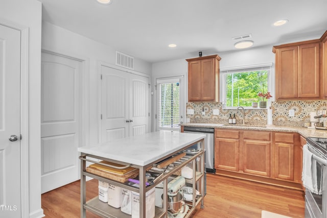 537 Hobkirks Pl, Durham, NC 27704 - kitchen with stainless steel appliances, a sink, decorative backsplash, recessed lighting, and light wood-style floors