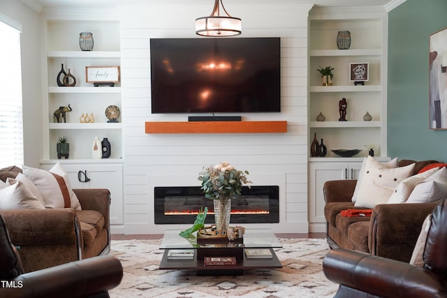 825 Fulworth Ave, Wake Forest, NC 27587 - living room with a large fireplace, ornamental molding, and built in features