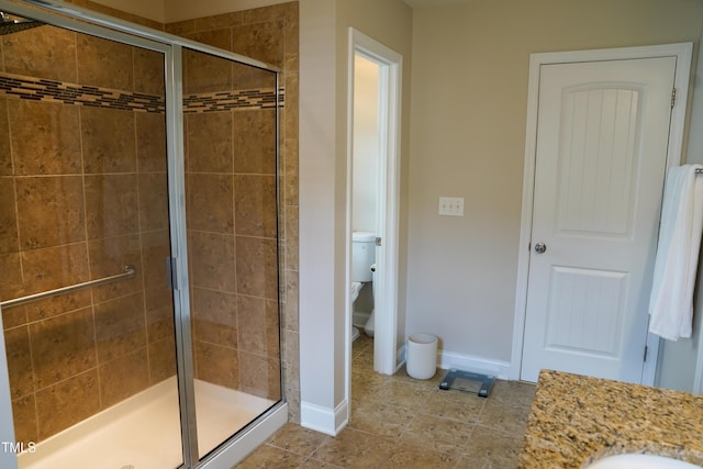 825 Fulworth Ave, Wake Forest, NC 27587 - bathroom with a shower stall, tile patterned floors, and vanity