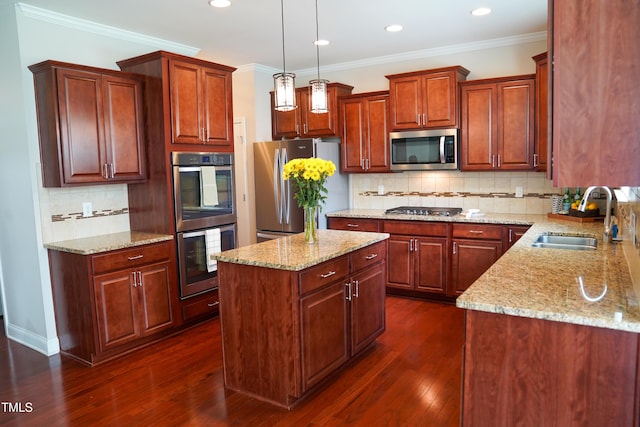 825 Fulworth Ave, Wake Forest, NC 27587 - kitchen with stainless steel appliances, a kitchen island, backsplash, dark wood-style flooring, and recessed lighting