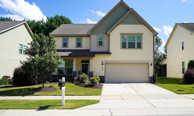 825 Fulworth Ave, Wake Forest, NC 27587 - craftsman house featuring a garage, board and batten siding, a front yard, concrete driveway, and roof with shingles