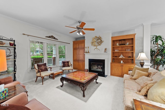 2313 Filigree Ct, Raleigh, NC 27614 - living area featuring ornamental molding, light colored carpet, a ceiling fan, a fireplace with flush hearth, and baseboards