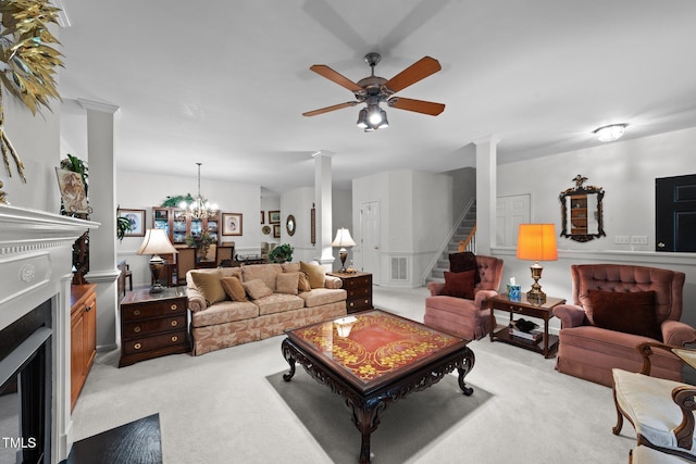 2313 Filigree Ct, Raleigh, NC 27614 - living area featuring light colored carpet, decorative columns, a fireplace, and ceiling fan