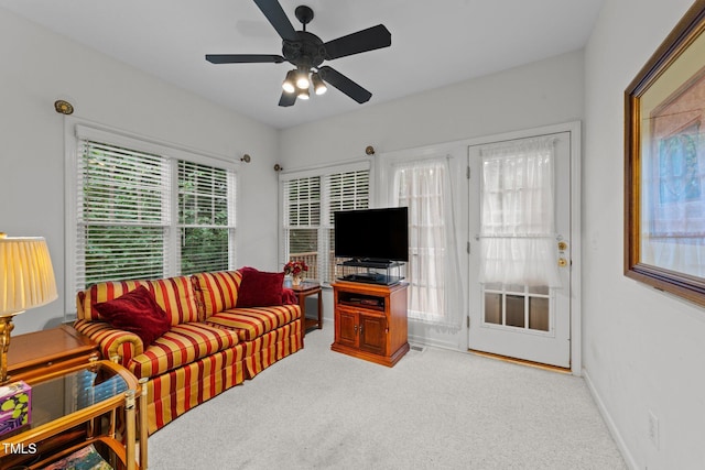 2313 Filigree Ct, Raleigh, NC 27614 - living area featuring carpet flooring, ceiling fan, and baseboards