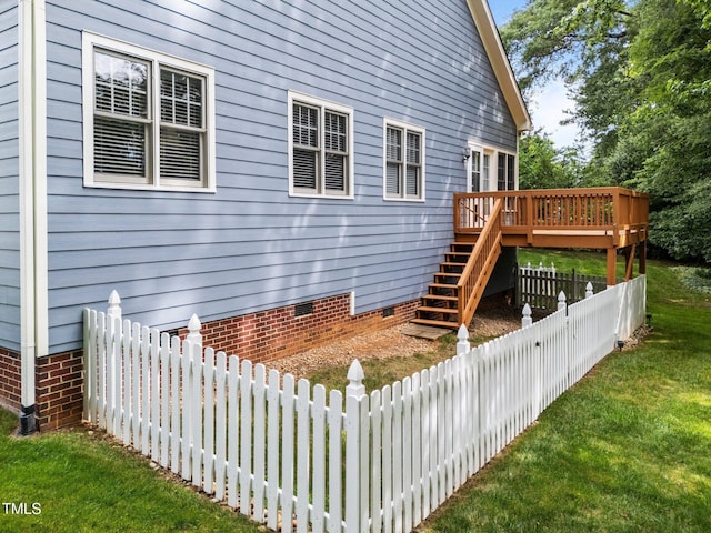 2313 Filigree Ct, Raleigh, NC 27614 - view of side of home with crawl space, a wooden deck, and stairway