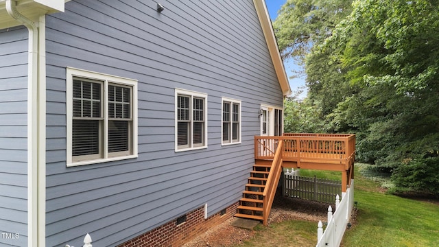 2313 Filigree Ct, Raleigh, NC 27614 - view of home's exterior featuring stairway, a wooden deck, and crawl space