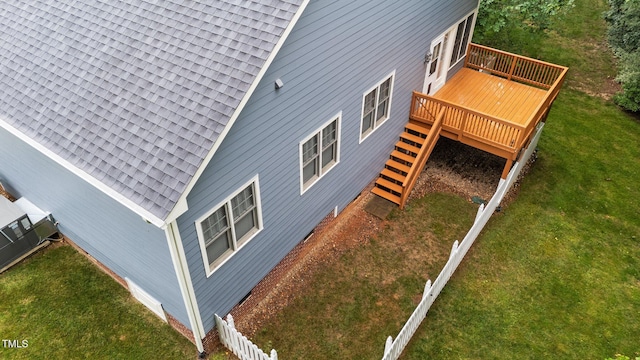 2313 Filigree Ct, Raleigh, NC 27614 - view of home's exterior featuring a deck, stairs, and roof with shingles