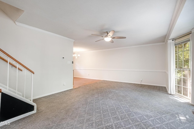 134 Chateau Rd, Durham, NC 27704 - unfurnished living room featuring carpet flooring, ceiling fan, stairway, crown molding, and baseboards