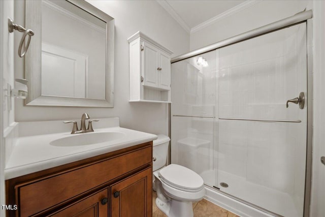 1704 Fawn Chase Ct, Wake Forest, NC 27587 - bathroom featuring crown molding, a shower stall, vanity, toilet, and tile patterned flooring