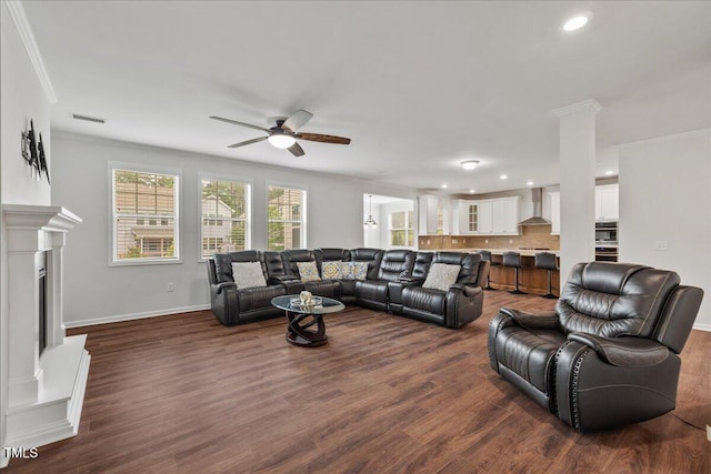 1704 Fawn Chase Ct, Wake Forest, NC 27587 - living room featuring crown molding, a ceiling fan, recessed lighting, baseboards, and dark wood finished floors