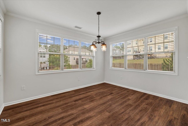 1704 Fawn Chase Ct, Wake Forest, NC 27587 - unfurnished dining area featuring a chandelier, dark wood-type flooring, crown molding, and baseboards