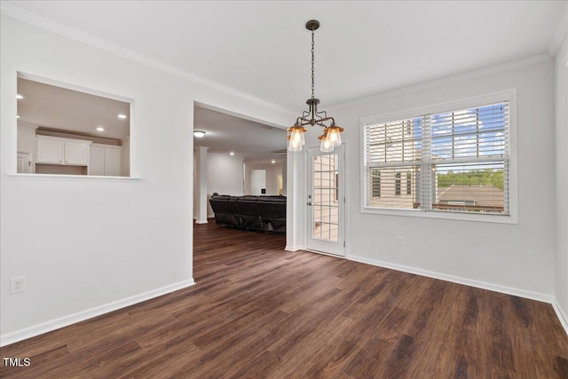 1704 Fawn Chase Ct, Wake Forest, NC 27587 - unfurnished dining area with a chandelier, dark wood-type flooring, crown molding, baseboards, and recessed lighting