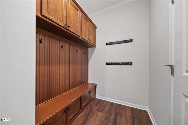 1704 Fawn Chase Ct, Wake Forest, NC 27587 - mudroom featuring ornamental molding, dark wood finished floors, and baseboards