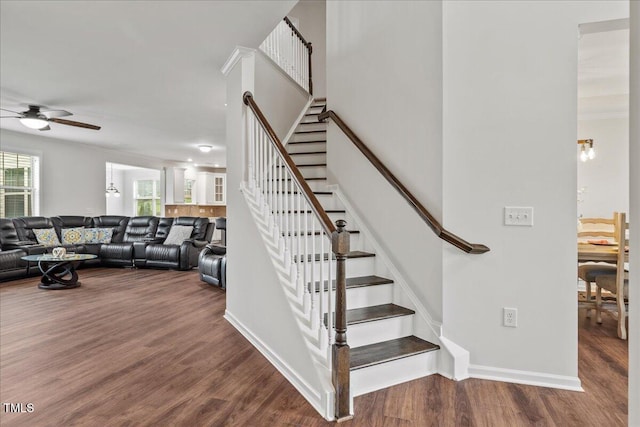 1704 Fawn Chase Ct, Wake Forest, NC 27587 - staircase featuring wood finished floors, a ceiling fan, and baseboards