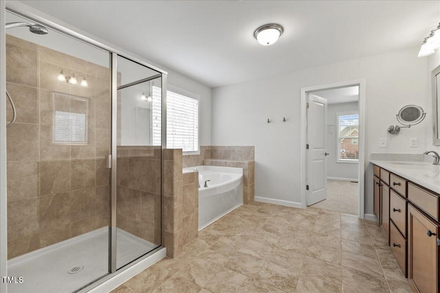 1704 Fawn Chase Ct, Wake Forest, NC 27587 - bathroom with a garden tub, vanity, a shower stall, and tile patterned floors