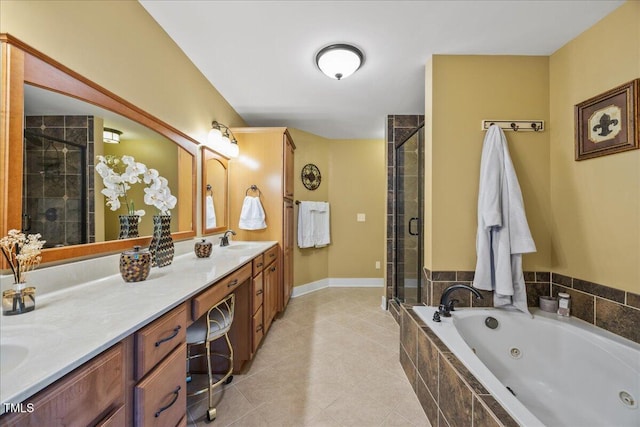 12636 Old Creedmoor Rd, Raleigh, NC 27613 - bathroom with a shower stall, a tub with jets, double vanity, and tile patterned floors
