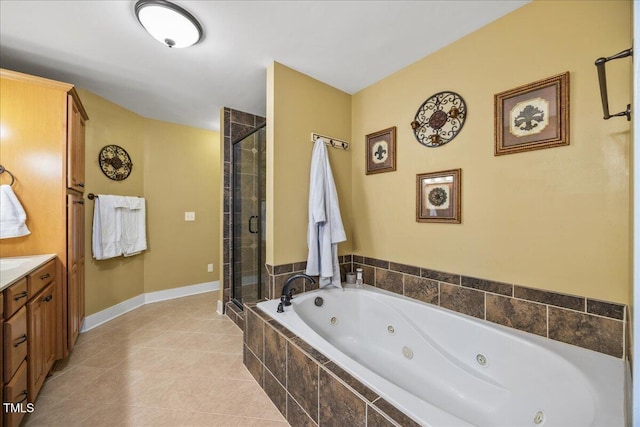 12636 Old Creedmoor Rd, Raleigh, NC 27613 - full bath with a shower stall, vanity, a jetted tub, tile patterned flooring, and baseboards