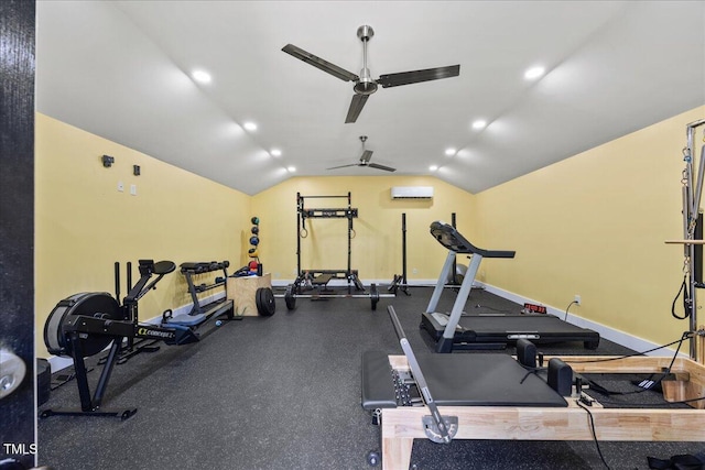 12636 Old Creedmoor Rd, Raleigh, NC 27613 - exercise room featuring a ceiling fan, a wall mounted air conditioner, vaulted ceiling, baseboards, and recessed lighting