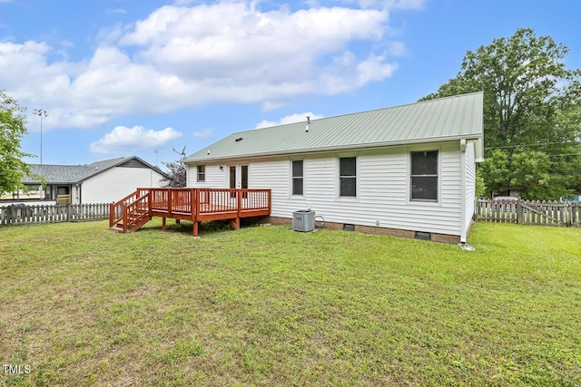 366 E Smithfield St, Angier, NC 27501 - back of property featuring a wooden deck, crawl space, central AC, and metal roof