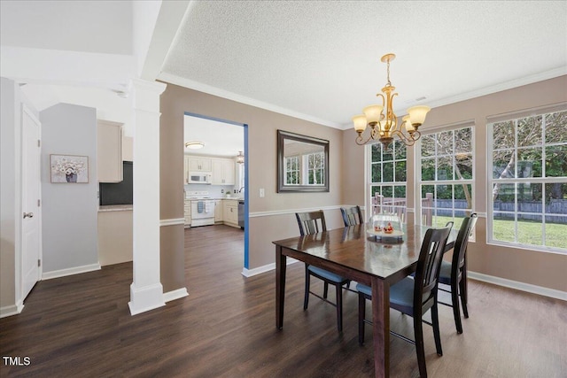 4805 Castle Crest Ct, Raleigh, NC 27616 - dining area featuring a chandelier, dark wood finished floors, plenty of natural light, crown molding, and a textured ceiling