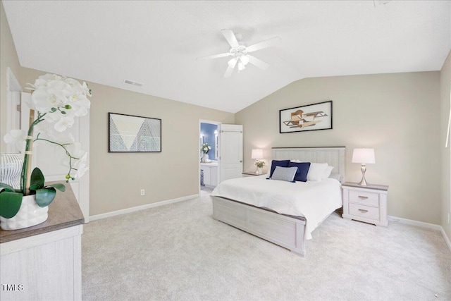 4805 Castle Crest Ct, Raleigh, NC 27616 - bedroom featuring lofted ceiling, light colored carpet, baseboards, ensuite bath, and a ceiling fan